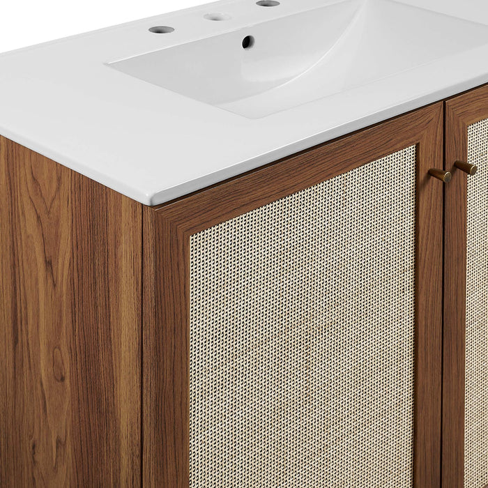 36-Inch Kendi MDF Particleboard Soma Single Bathroom Vanity Modern Walnut White with Rattan Weave Doors Integrated Ceramic