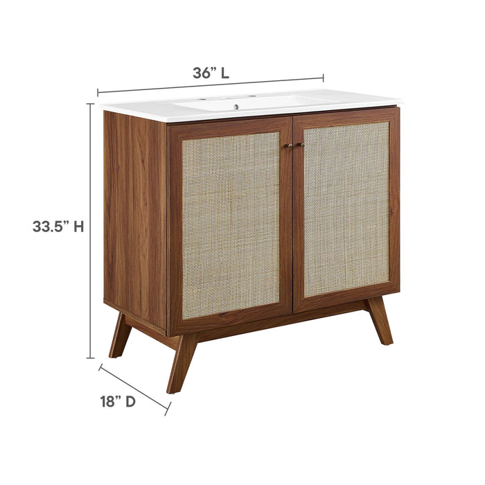 36-Inch Kendi MDF Particleboard Soma Single Bathroom Vanity Modern Walnut White with Rattan Weave Doors Integrated Ceramic