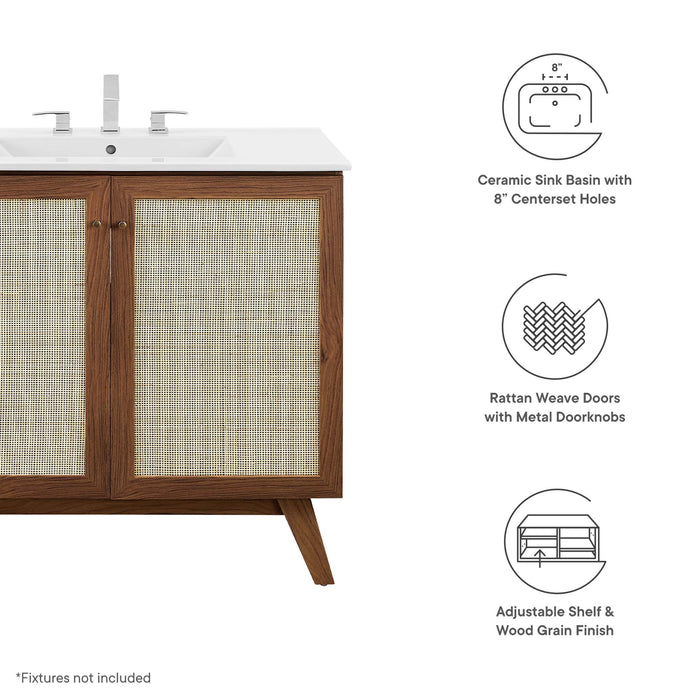 36-Inch Kendi MDF Particleboard Soma Single Bathroom Vanity Modern Walnut White with Rattan Weave Doors Integrated Ceramic