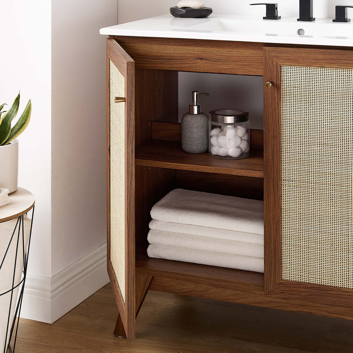36-Inch Kendi MDF Particleboard Soma Single Bathroom Vanity Modern Walnut White with Rattan Weave Doors Integrated Ceramic