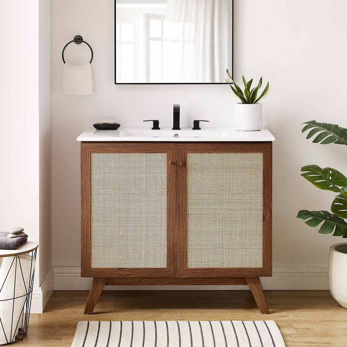 36-Inch Kendi MDF Particleboard Soma Single Bathroom Vanity Modern Walnut White with Rattan Weave Doors Integrated Ceramic