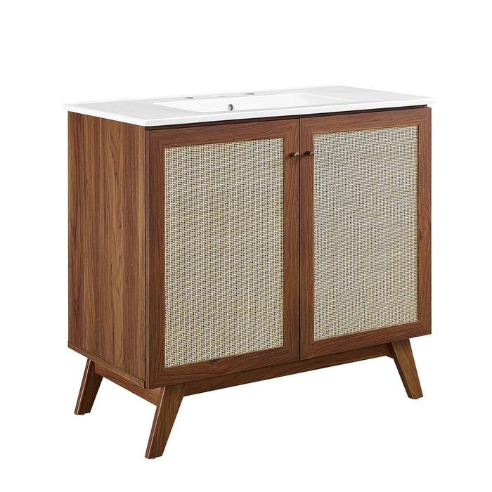 36-Inch Kendi MDF Particleboard Soma Single Bathroom Vanity Modern Walnut White with Rattan Weave Doors Integrated Ceramic
