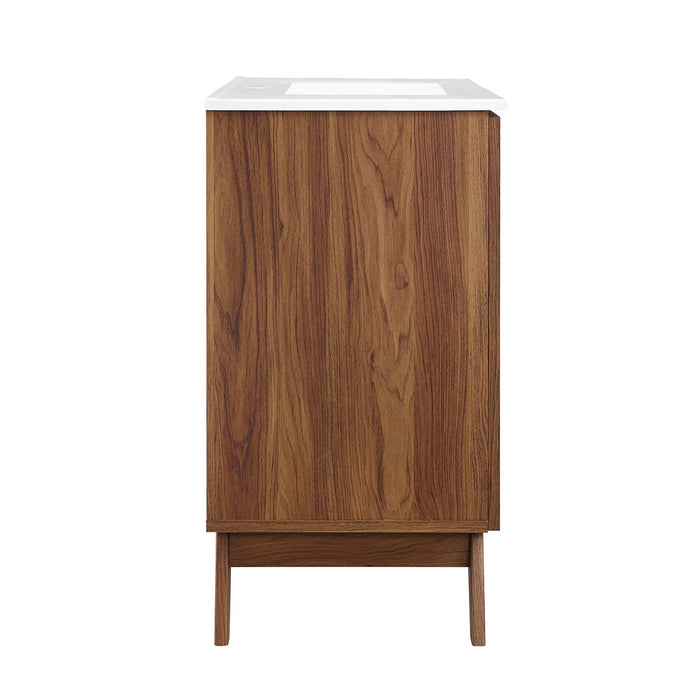 36-Inch Kendi MDF Particleboard Soma Single Bathroom Vanity Modern Walnut White with Rattan Weave Doors Integrated Ceramic
