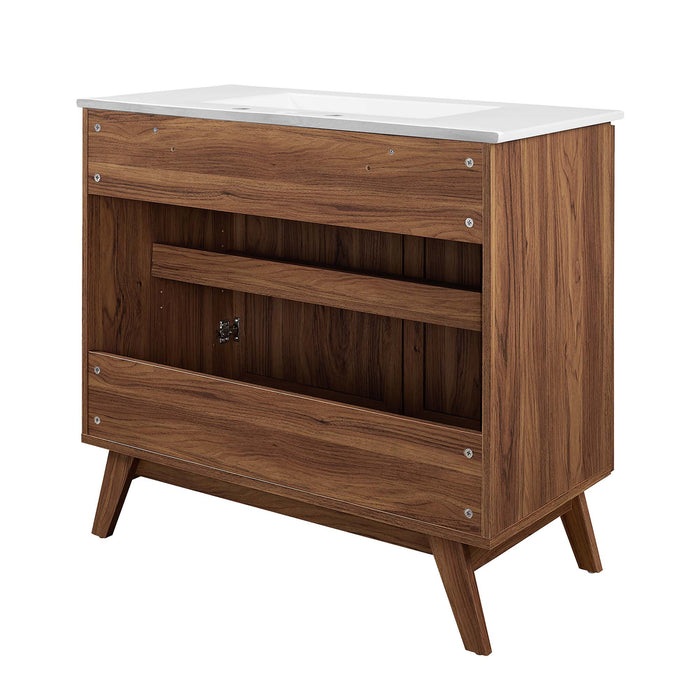 36-Inch Kendi MDF Particleboard Soma Single Bathroom Vanity Modern Walnut White with Rattan Weave Doors Integrated Ceramic