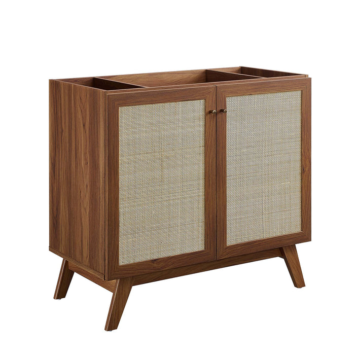 36-Inch Kendi MDF Particleboard Soma Single Bathroom Vanity Modern Walnut White with Rattan Weave Doors Integrated Ceramic