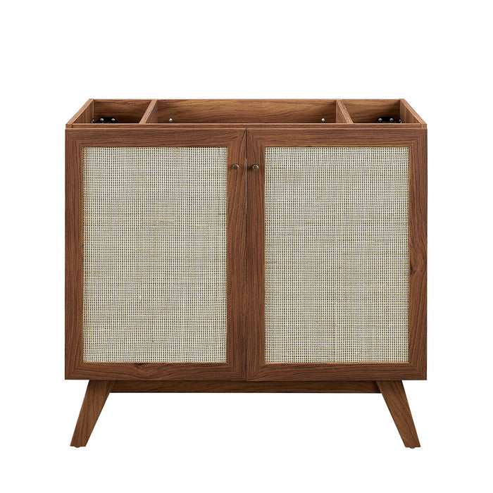 36-Inch Kendi MDF Particleboard Soma Single Bathroom Vanity Modern Walnut White with Rattan Weave Doors Integrated Ceramic