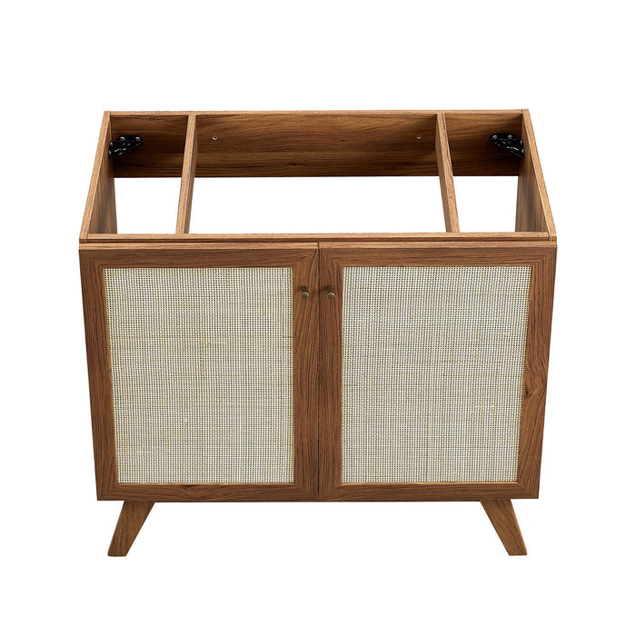 36-Inch Kendi MDF Particleboard Soma Single Bathroom Vanity Modern Walnut White with Rattan Weave Doors Integrated Ceramic