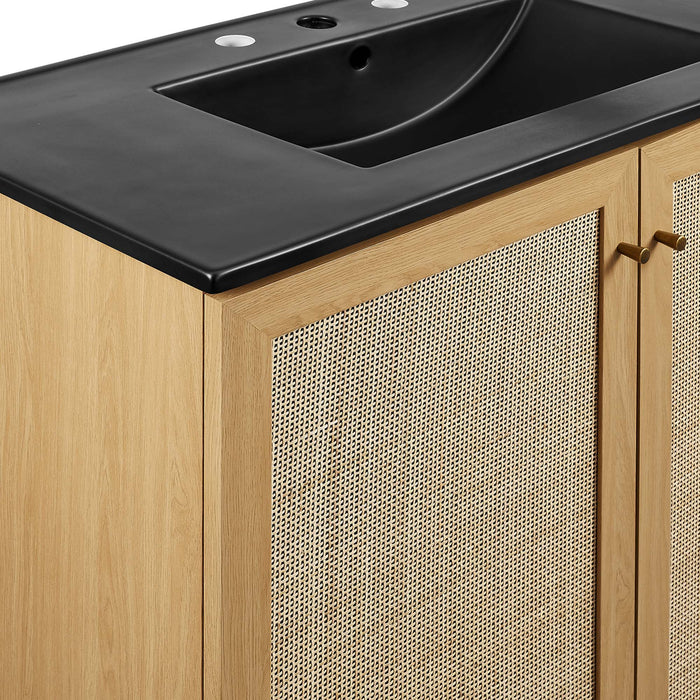 36-Inch Horn MDF Particleboard Soma Single Bathroom Vanity Modern Oak Black with Rattan Weave Doors Integrated Ceramic
