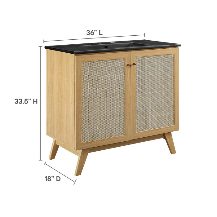 36-Inch Horn MDF Particleboard Soma Single Bathroom Vanity Modern Oak Black with Rattan Weave Doors Integrated Ceramic