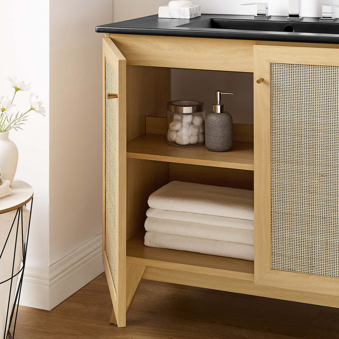 36-Inch Horn MDF Particleboard Soma Single Bathroom Vanity Modern Oak Black with Rattan Weave Doors Integrated Ceramic