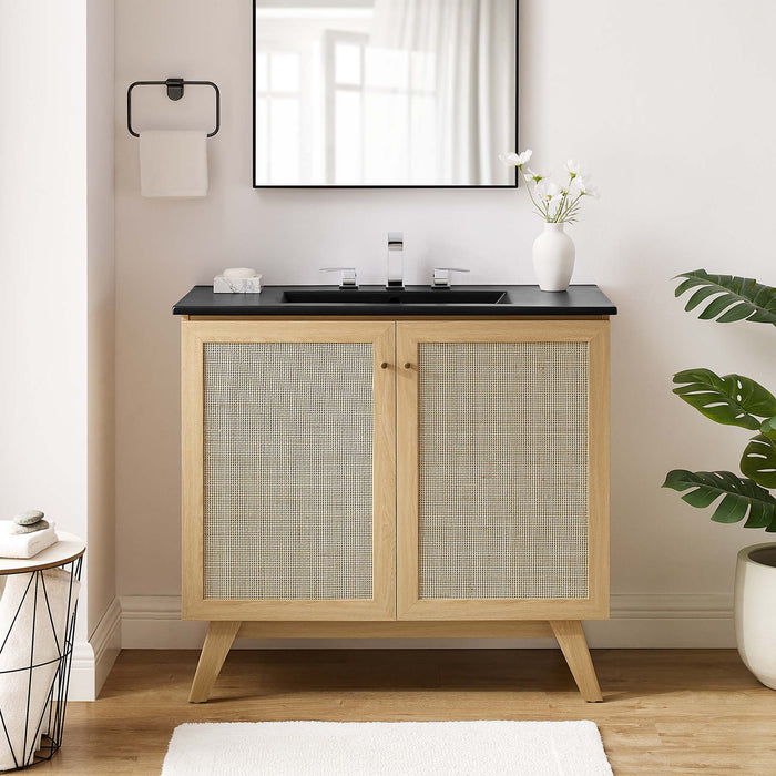 36-Inch Horn MDF Particleboard Soma Single Bathroom Vanity Modern Oak Black with Rattan Weave Doors Integrated Ceramic
