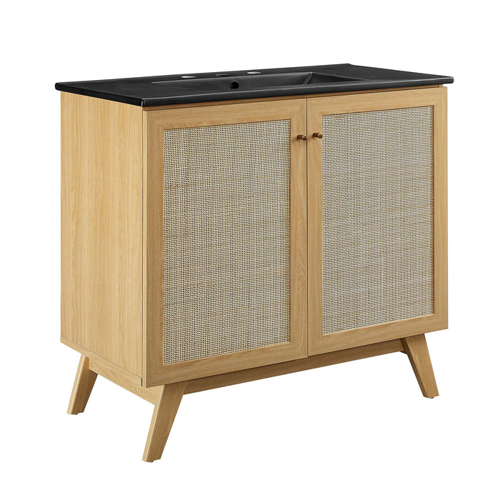 36-Inch Horn MDF Particleboard Soma Single Bathroom Vanity Modern Oak Black with Rattan Weave Doors Integrated Ceramic