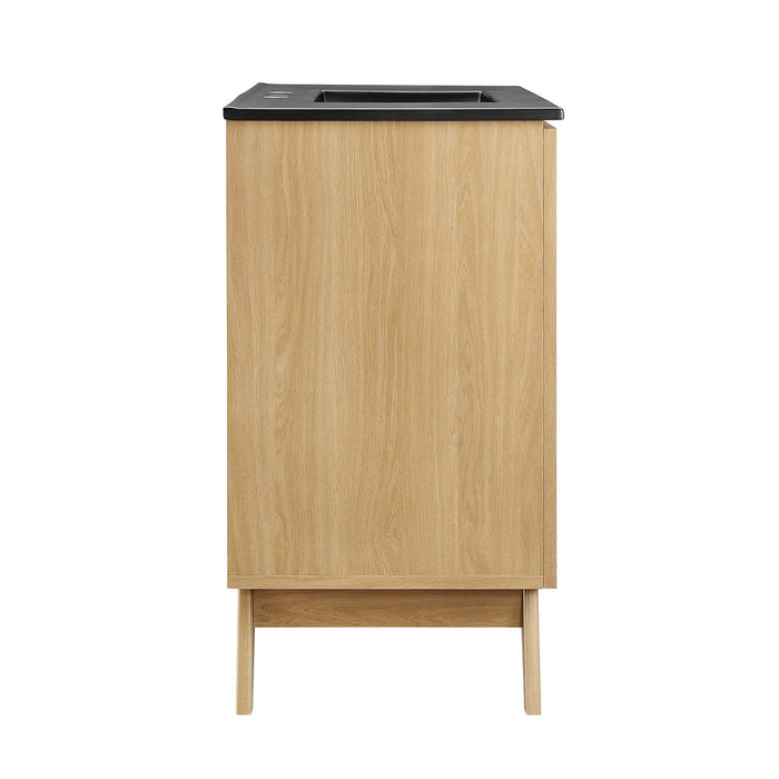36-Inch Horn MDF Particleboard Soma Single Bathroom Vanity Modern Oak Black with Rattan Weave Doors Integrated Ceramic