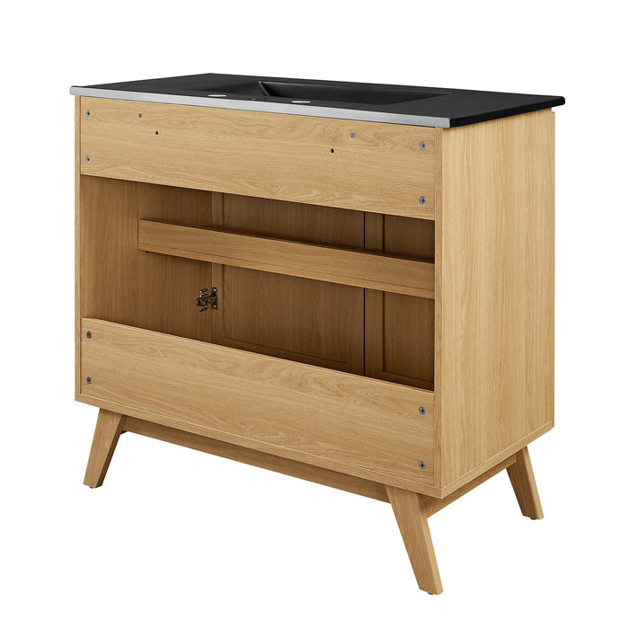 36-Inch Horn MDF Particleboard Soma Single Bathroom Vanity Modern Oak Black with Rattan Weave Doors Integrated Ceramic