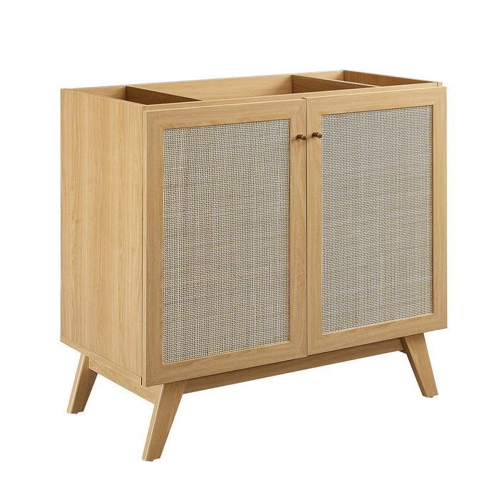 36-Inch Horn MDF Particleboard Soma Single Bathroom Vanity Modern Oak Black with Rattan Weave Doors Integrated Ceramic