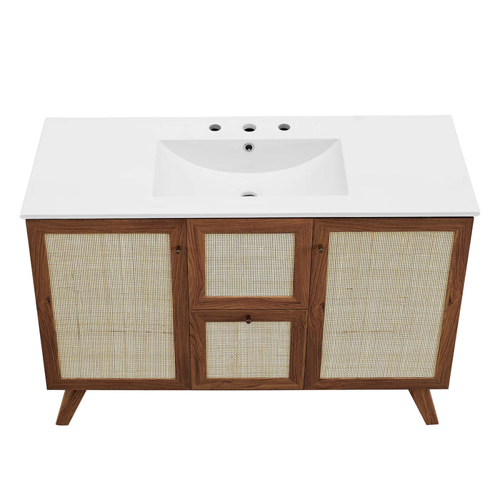 48-Inch Katiely Walnut Wood Single Sink Bathroom Vanity Modern Rattan Weave with White Countertop and Drawers