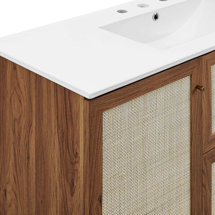 48-Inch Katiely Walnut Wood Single Sink Bathroom Vanity Modern Rattan Weave with White Countertop and Drawers