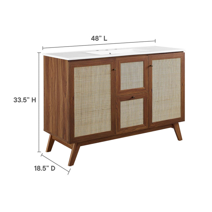 48-Inch Katiely Walnut Wood Single Sink Bathroom Vanity Modern Rattan Weave with White Countertop and Drawers