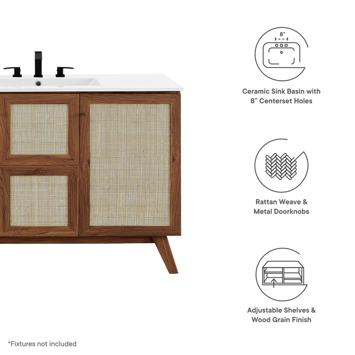 48-Inch Katiely Walnut Wood Single Sink Bathroom Vanity Modern Rattan Weave with White Countertop and Drawers