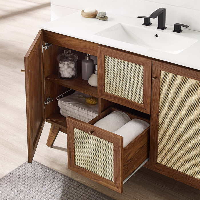 48-Inch Katiely Walnut Wood Single Sink Bathroom Vanity Modern Rattan Weave with White Countertop and Drawers