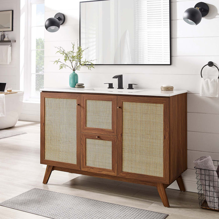 48-Inch Katiely Walnut Wood Single Sink Bathroom Vanity Modern Rattan Weave with White Countertop and Drawers
