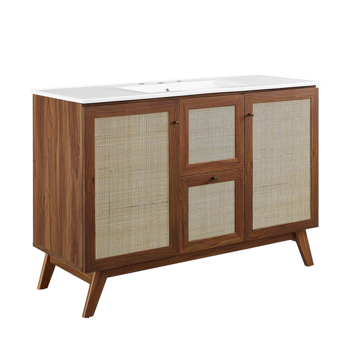 48-Inch Katiely Walnut Wood Single Sink Bathroom Vanity Modern Rattan Weave with White Countertop and Drawers