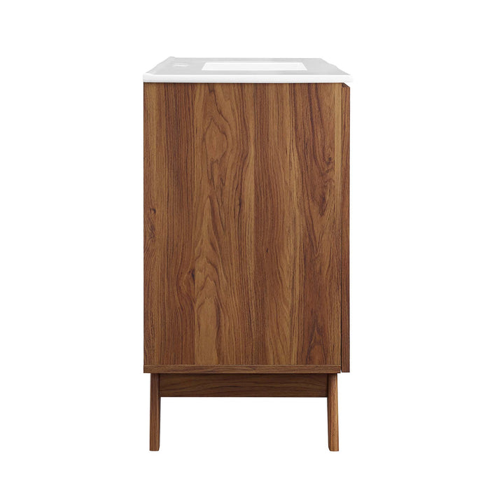 48-Inch Katiely Walnut Wood Single Sink Bathroom Vanity Modern Rattan Weave with White Countertop and Drawers