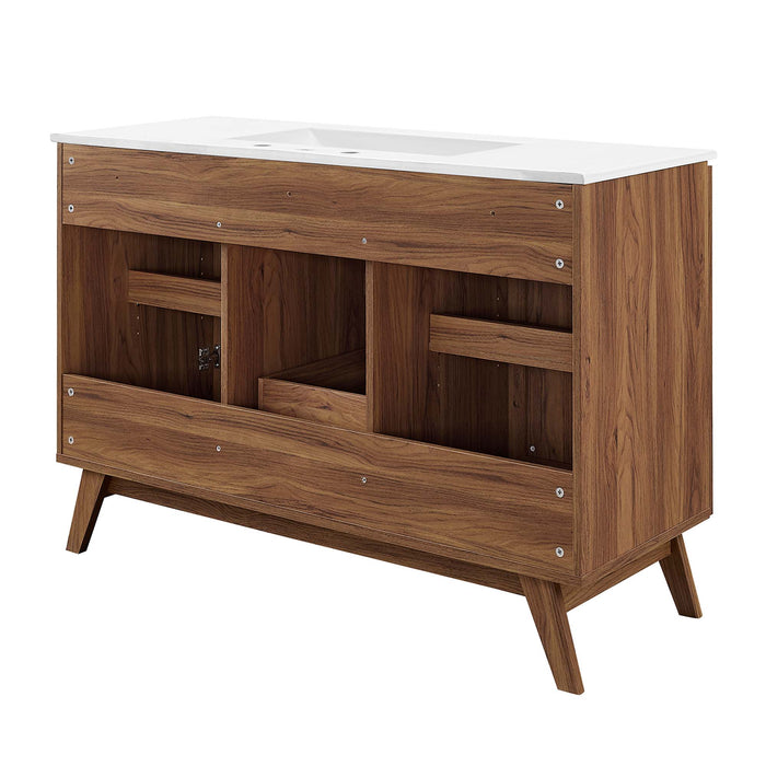 48-Inch Katiely Walnut Wood Single Sink Bathroom Vanity Modern Rattan Weave with White Countertop and Drawers