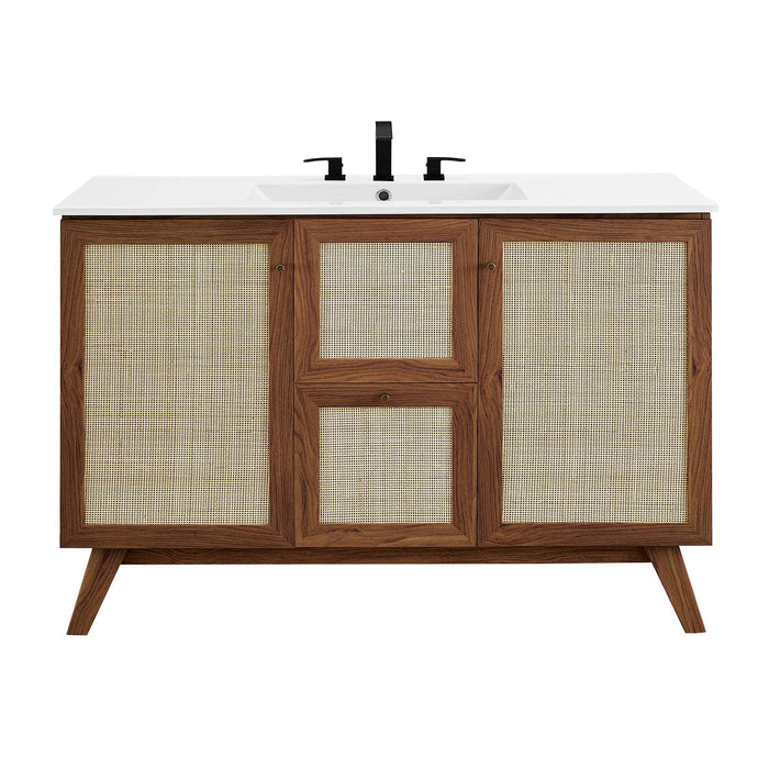 48-Inch Katiely Walnut Wood Single Sink Bathroom Vanity Modern Rattan Weave with White Countertop and Drawers