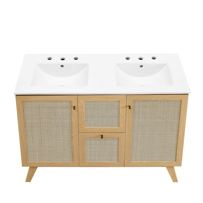 48-Inch Brass Modern Double Sink Bathroom Vanity Rattan Weave Design with Two Drawers and Gold Hardware