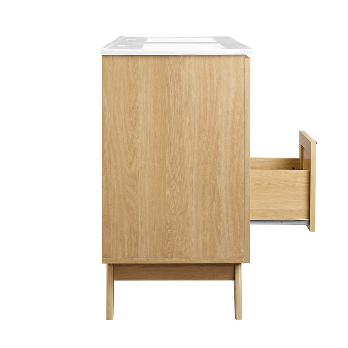 48-Inch Brass Modern Double Sink Bathroom Vanity Rattan Weave Design with Two Drawers and Gold Hardware