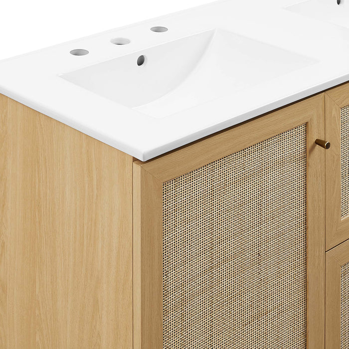 48-Inch Brass Modern Double Sink Bathroom Vanity Rattan Weave Design with Two Drawers and Gold Hardware