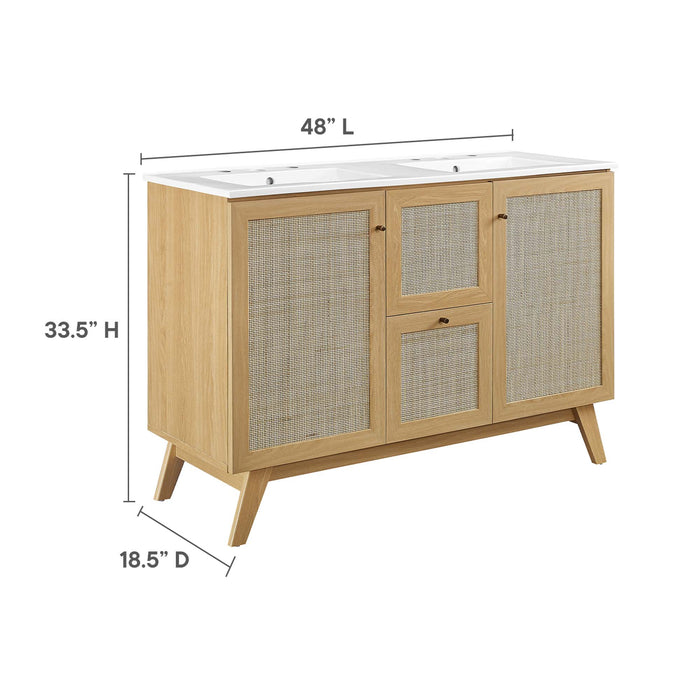 48-Inch Brass Modern Double Sink Bathroom Vanity Rattan Weave Design with Two Drawers and Gold Hardware