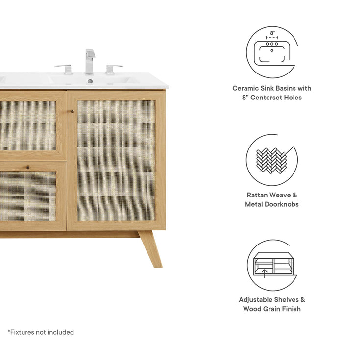 48-Inch Brass Modern Double Sink Bathroom Vanity Rattan Weave Design with Two Drawers and Gold Hardware
