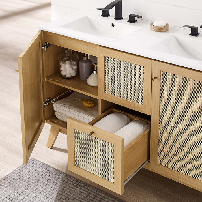 48-Inch Brass Modern Double Sink Bathroom Vanity Rattan Weave Design with Two Drawers and Gold Hardware