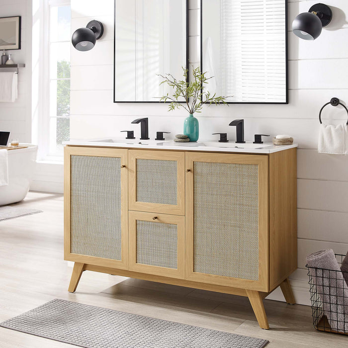 48-Inch Brass Modern Double Sink Bathroom Vanity Rattan Weave Design with Two Drawers and Gold Hardware