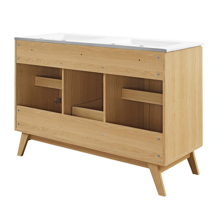 48-Inch Brass Modern Double Sink Bathroom Vanity Rattan Weave Design with Two Drawers and Gold Hardware