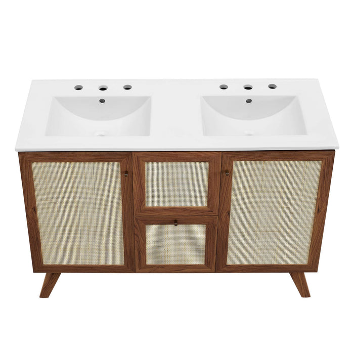 48-Inch Bone Modern Walnut Double Sink Bathroom Vanity Rattan Weave Design with Two Drawers and Gold Hardware