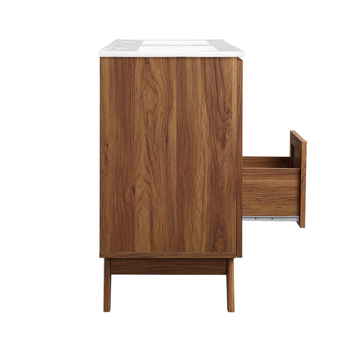 48-Inch Bone Modern Walnut Double Sink Bathroom Vanity Rattan Weave Design with Two Drawers and Gold Hardware