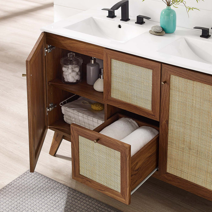 48-Inch Bone Modern Walnut Double Sink Bathroom Vanity Rattan Weave Design with Two Drawers and Gold Hardware