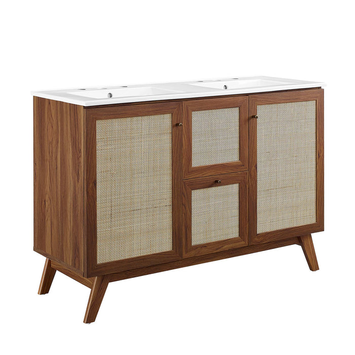 48-Inch Bone Modern Walnut Double Sink Bathroom Vanity Rattan Weave Design with Two Drawers and Gold Hardware