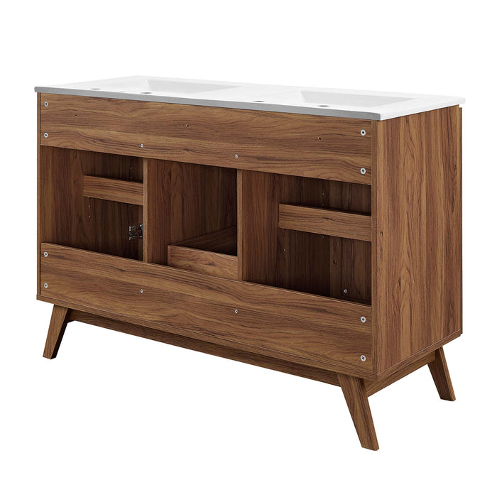 48-Inch Bone Modern Walnut Double Sink Bathroom Vanity Rattan Weave Design with Two Drawers and Gold Hardware