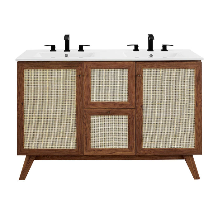 48-Inch Bone Modern Walnut Double Sink Bathroom Vanity Rattan Weave Design with Two Drawers and Gold Hardware