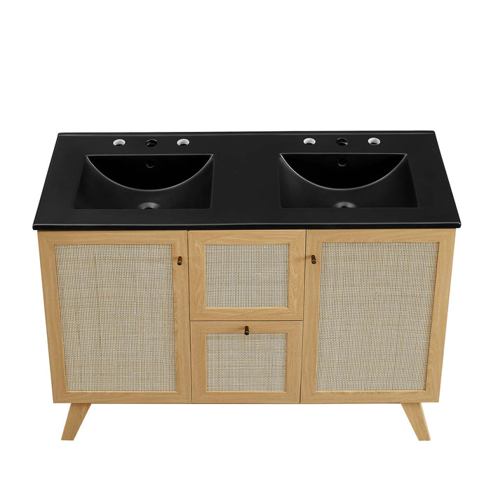 48-Inch Grand Oak Wood Grain Double Sink Bathroom Vanity Rattan Style with Black Integrated Countertop