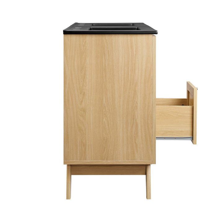 48-Inch Grand Oak Wood Grain Double Sink Bathroom Vanity Rattan Style with Black Integrated Countertop