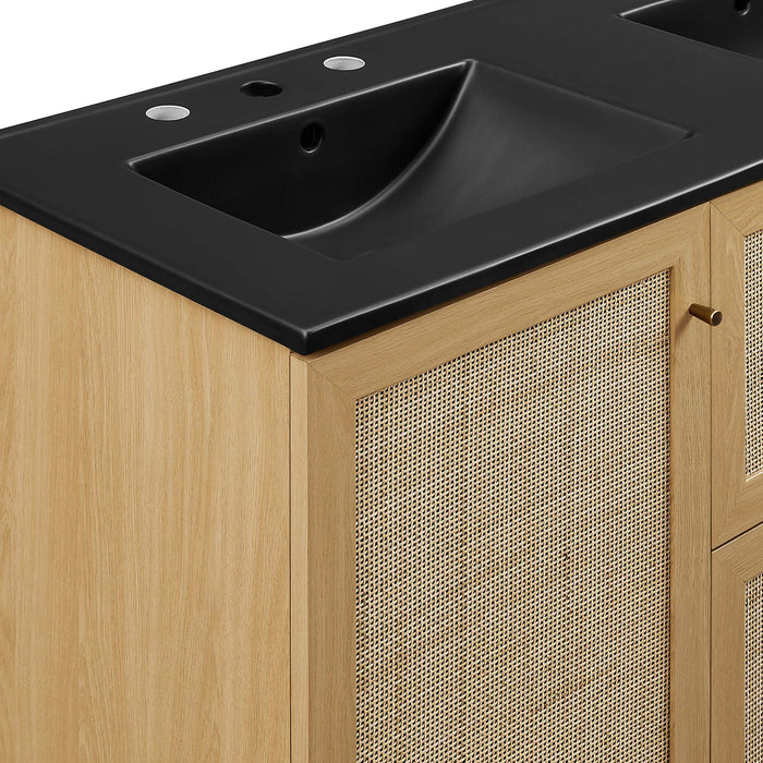 48-Inch Grand Oak Wood Grain Double Sink Bathroom Vanity Rattan Style with Black Integrated Countertop