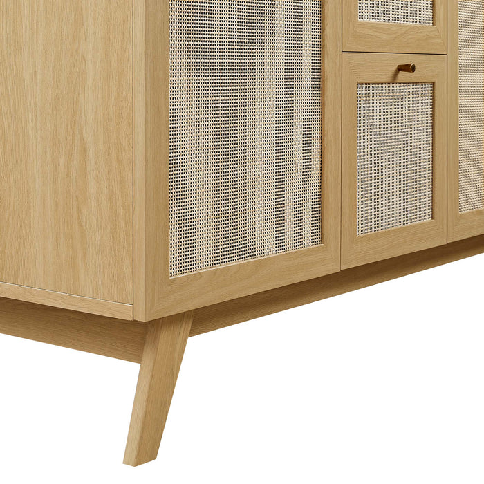 48-Inch Grand Oak Wood Grain Double Sink Bathroom Vanity Rattan Style with Black Integrated Countertop