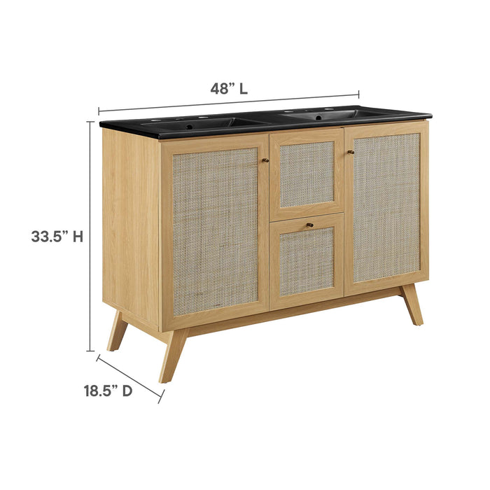 48-Inch Grand Oak Wood Grain Double Sink Bathroom Vanity Rattan Style with Black Integrated Countertop