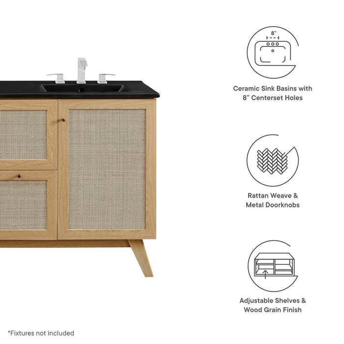 48-Inch Grand Oak Wood Grain Double Sink Bathroom Vanity Rattan Style with Black Integrated Countertop