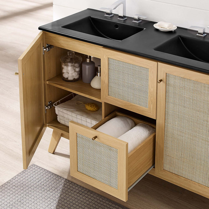 48-Inch Grand Oak Wood Grain Double Sink Bathroom Vanity Rattan Style with Black Integrated Countertop